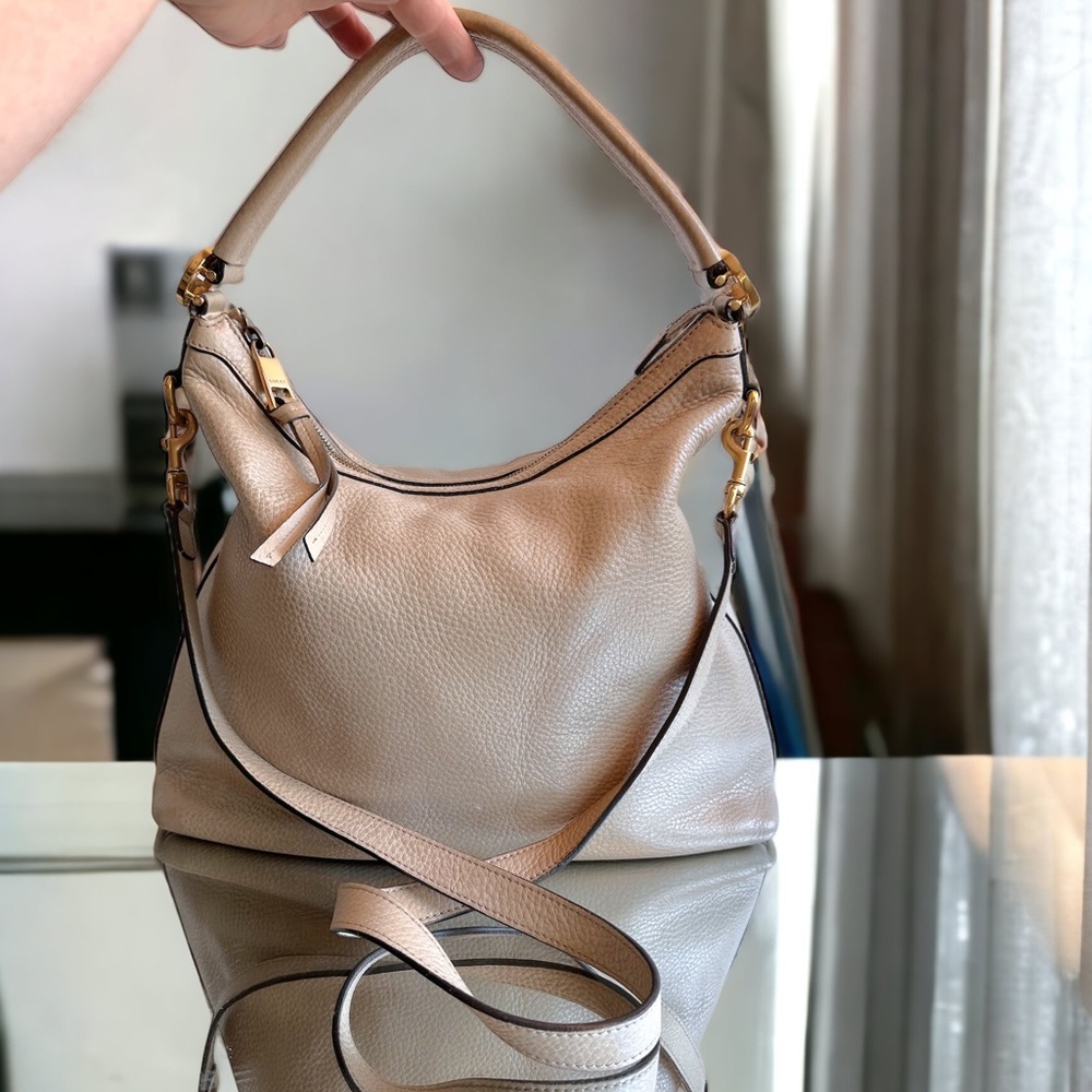 GUCCI Interlocking GG brass pebble leather 2 Way bag beige taupe exc cond